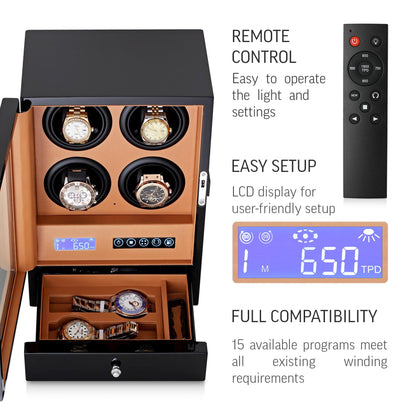 Automatic Watch Winder with LED Light, Storage Drawer and LCD Touchscreen Control (Black + Brown)