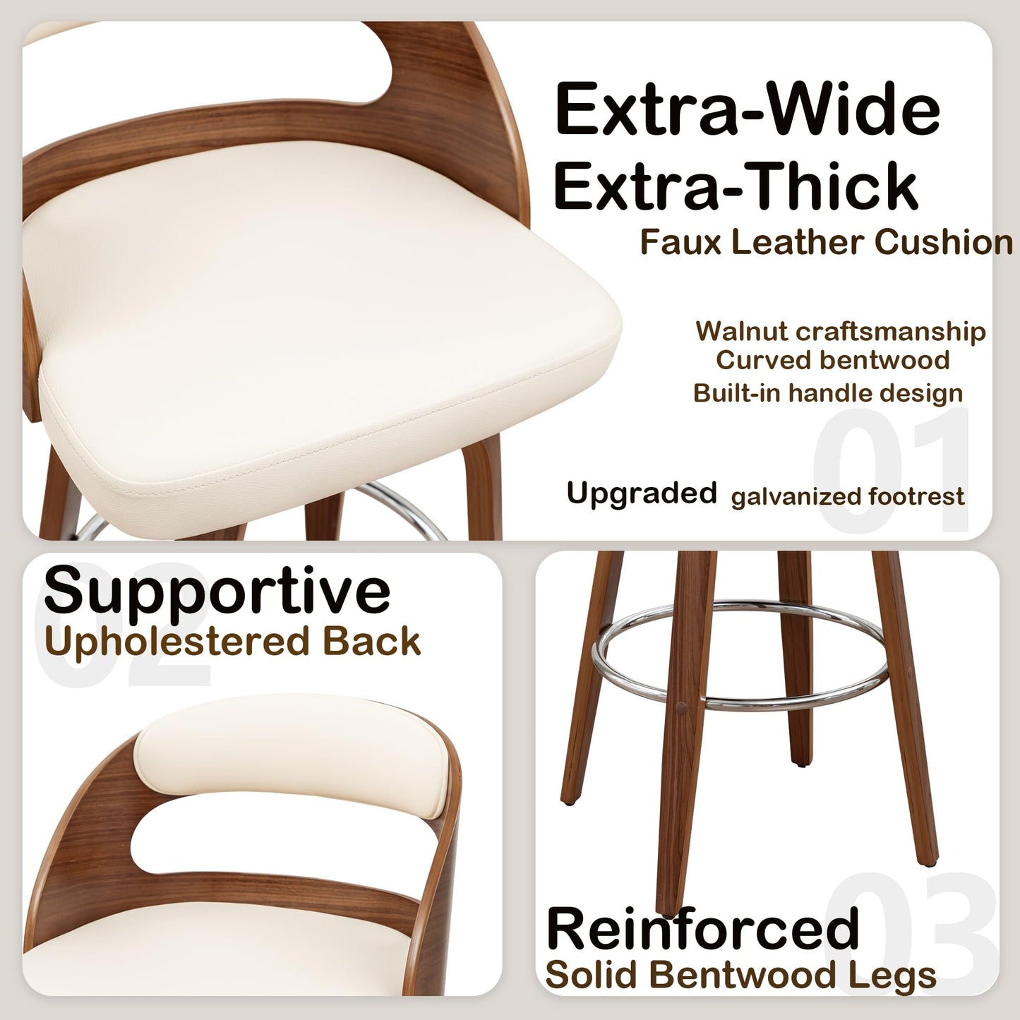 Mid Century Modern Counter Height Bar Stools Set of 2, 360° Swivel Counter Stools with Bentwood Walnut Frame, Upholstered Faux Leather Seat, Curved Back Kitchen Island Chairs, 25" Seat Height, Beige