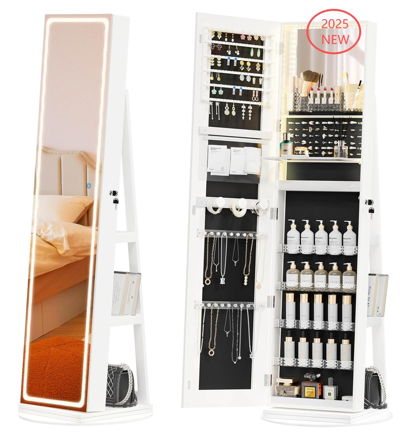 TJYGO Mirror Jewelry Cabinet Standing, Jewelry Armoire with Full-Length LED Mirror and Adjustable Lights, 360° Swivel Jewelry Organizer Storage, Upgrade White