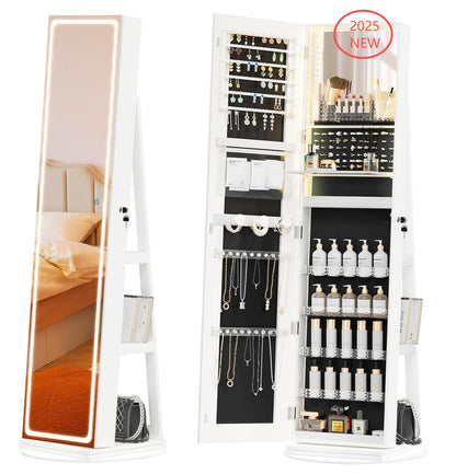 TJYGO Mirror Jewelry Cabinet Standing, Jewelry Armoire with Full-Length LED Mirror and Adjustable Lights, 360° Swivel Jewelry Organizer Storage, Upgrade White