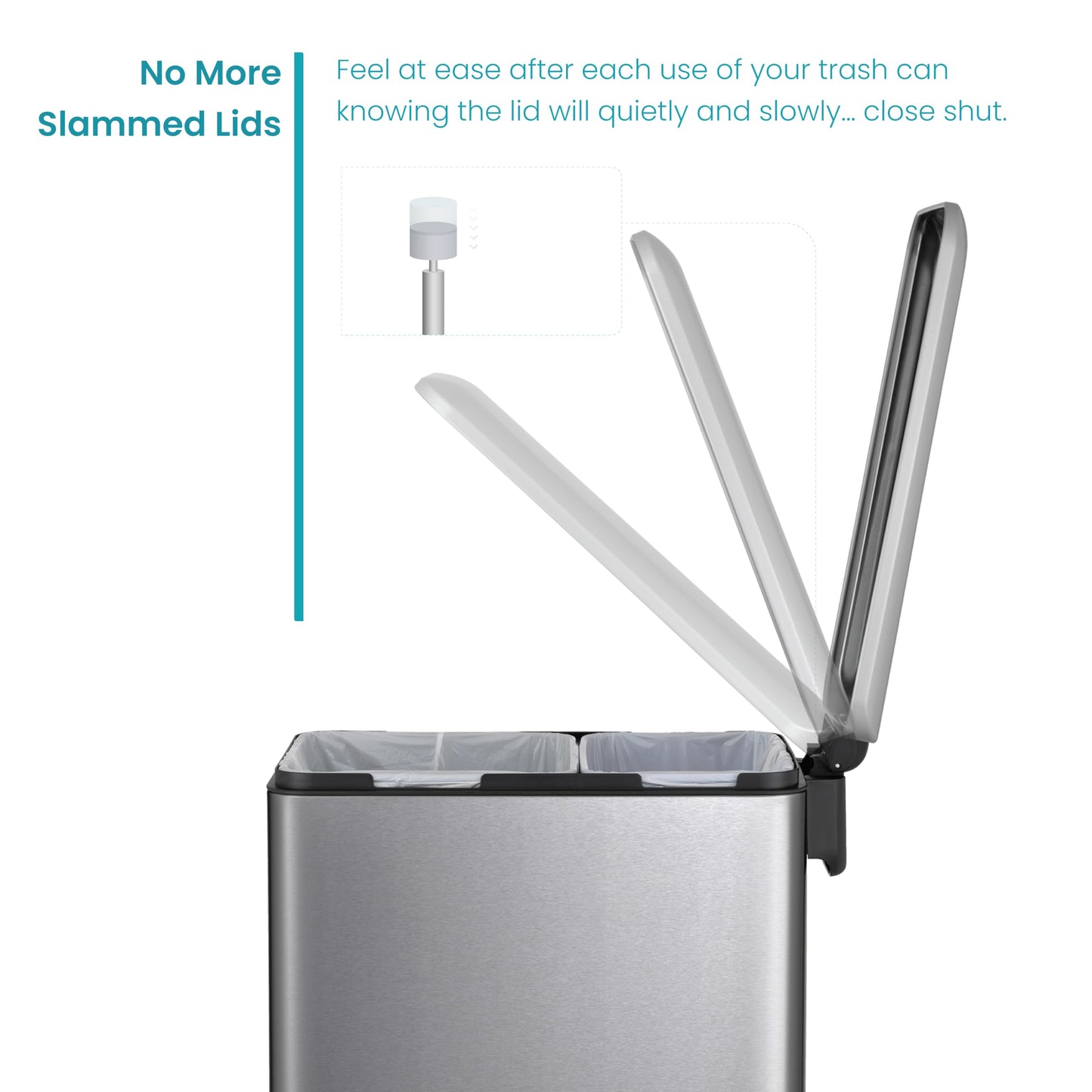 Home Zone Living 13 Gallon Slim Kitchen Trash Can with Dual Compartments for Trash and Recycling, Soft Close Lid, Step Pedal, Stainless Steel, Silver
