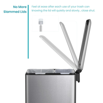 Home Zone Living 13 Gallon Slim Kitchen Trash Can with Dual Compartments for Trash and Recycling, Soft Close Lid, Step Pedal, Stainless Steel, Silver