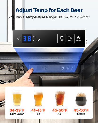VEVOR Beer Kegerator, Triple Tap Commercial Draft Beer Dispenser for D system, Full Size Keg Refrigerator with 5lbs CO2 Tank, Hold 3 Sixth/2 Slim/3 Ball lock keg (3 taps - D system - stainless steel)