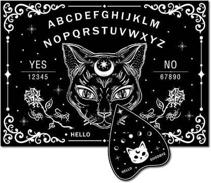 CREATCABIN Black Cat Wood Spirit Board, Talking Boards with Planchette, Wooden Dowsing Divination Kit for Wicca