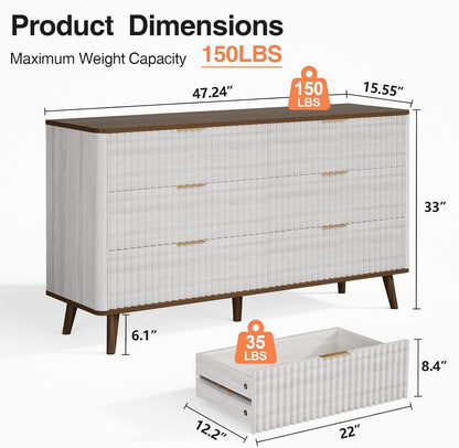 Mapleyard Fluted 6 Drawers Dresser, 47" Wide Wooden Chest of Drawers, Modern Mid Century Storage Closet Long Large Dresser for Bedroom, Living Room,Hallway, Entryway, Nursery Room, Beige + Walnut