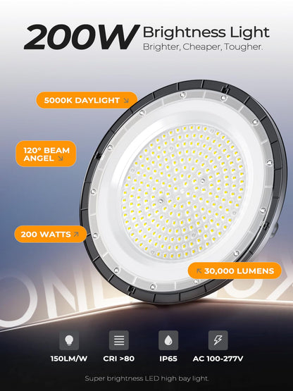 ONLYLUX 200W UFO LED High Bay Lights, 30000LM LED Shop Lights & Garage Lights, IP65 Waterproof 5000K Daylight, Industrial for Warehouse Factory Gym Barn (10 Pack)