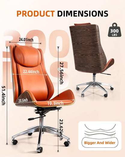 Executive Massage Office Chair Ergonomic Luxury Desk Chair with Handcrafted Wood Veneer 6-Point Vibration for Sciatica Relief 135° Recline, Big and Tall Support for Home & Workspace (Orange)