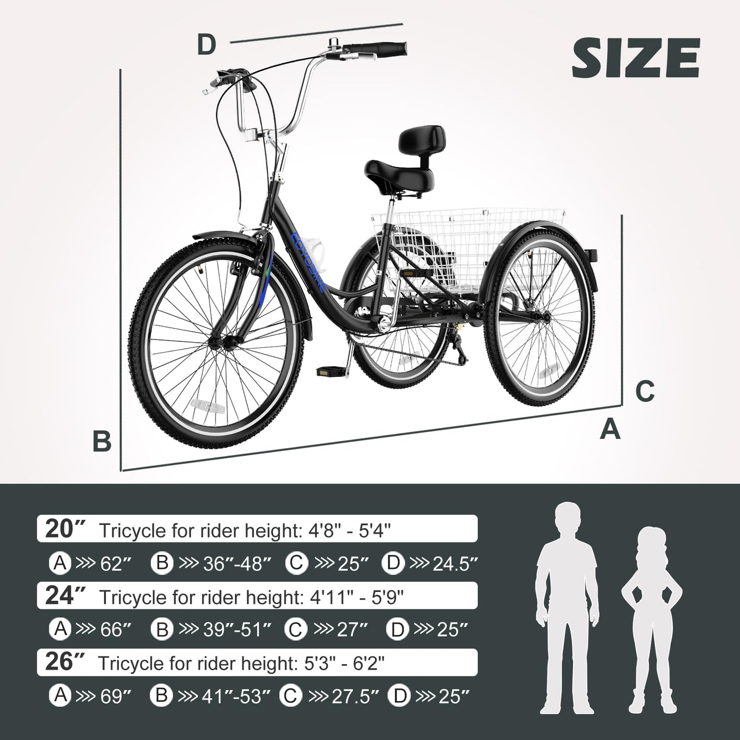 ABORON Adults Tricycle, 3 Wheels Bike for Adult, Tricycle for Adults, Double-Wall Wheel Rims, Tricycle for Women Men Exercise Outdoor Sports