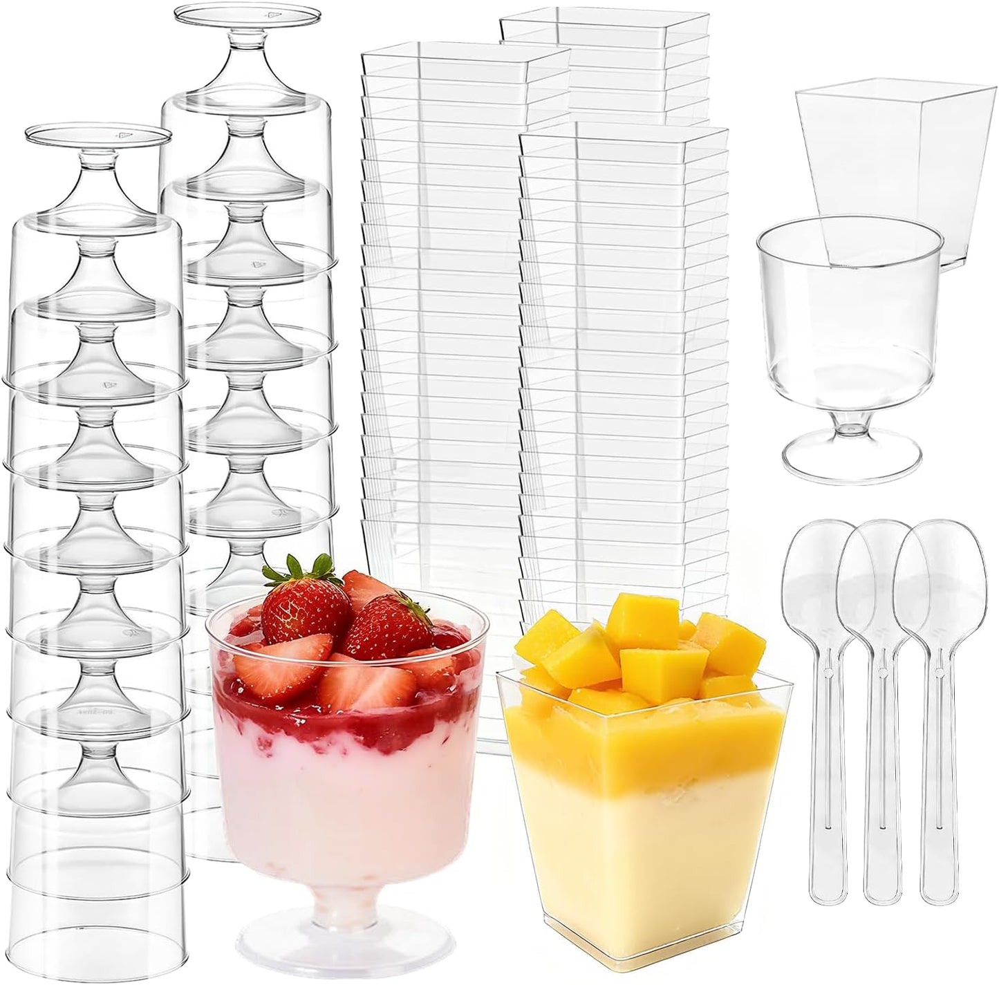 200 Pack 5 oz Plastic Dessert Cups with Spoons, Disposable Parfait Shooter Pudding Jello Cups Goblets for Party, Clear