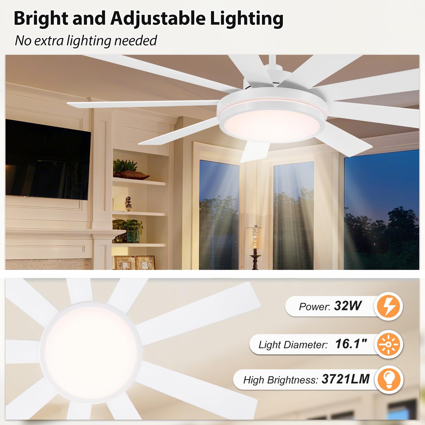 WINGBO 60" Ceiling Fan with Light - Large LED Dimmable Light, 6-Speed Remote Control, Reversible DC Motor, Modern Ceiling Fan 9 Blades for Bedroom, Living Room, Indoor Outdoor White and Oak