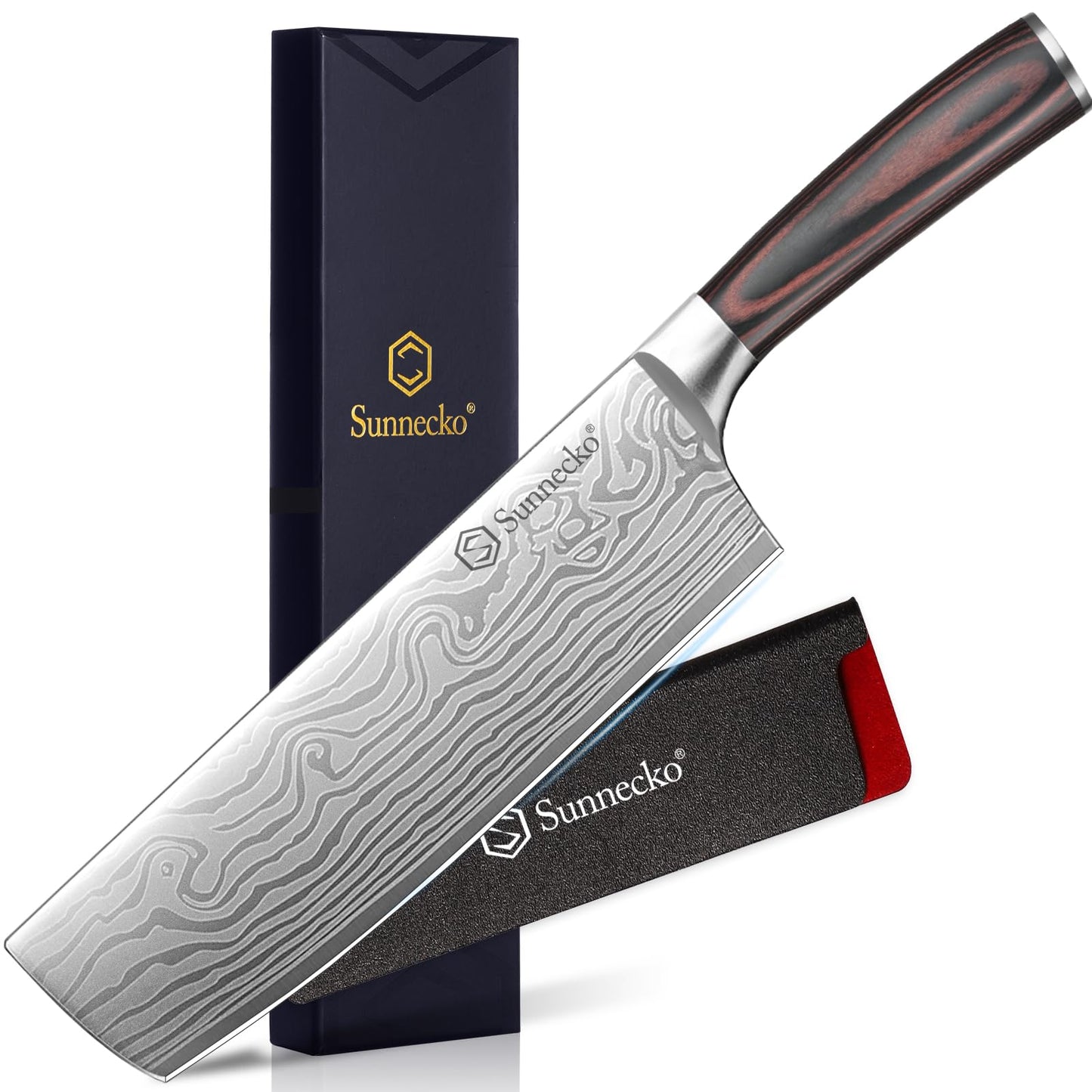 Sunnecko Japanese Nakiri Knife 7 Inch - 15° Edge Carbon Steel Chef Knife Full Tang Forged Blade Vegetable Cleaver with Sheath, Kitchen Gift for Home Cooks & Pros, Father's Day Box
