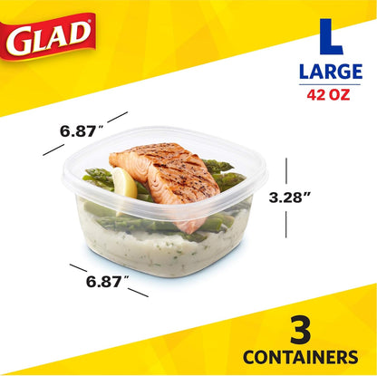 Glad GladWare Tall Entrée Food Storage Containers, Large Square Hold up to 42 Ounces, 3 Count Strong Food Holders