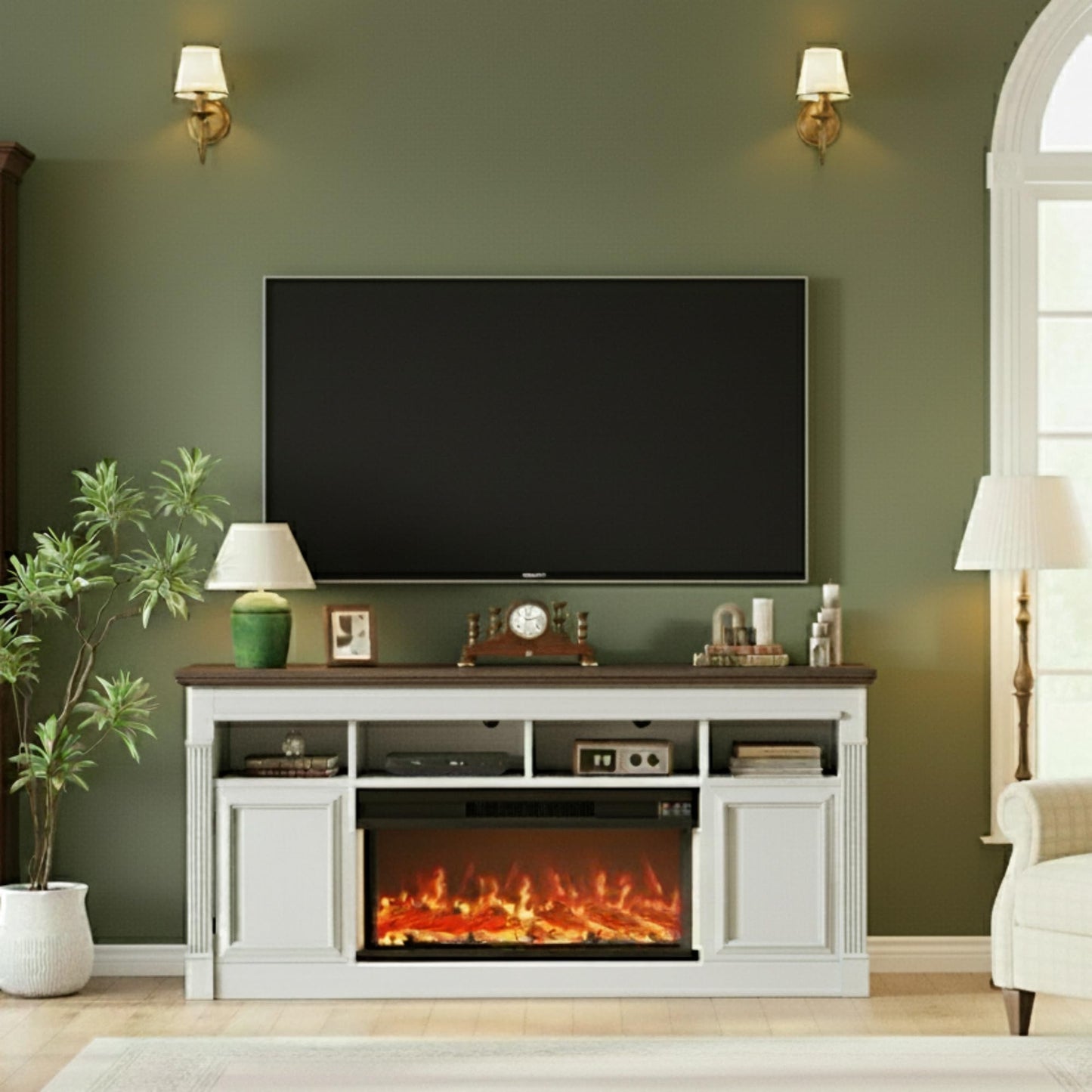 GAOMON 68 Inch Fireplace TV Stand for TVs Up to 75", Entertainment Center with 36'' Corded Electric Fireplace, Remote Controlled Realistic 3D Flame, Console Table with Storage Shelves, White+Brown
