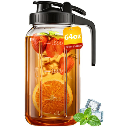 64 oz Mason Jar Pitcher – Airtight & Leakproof Glass Pitcher with Lid, Perfect for Iced Tae, Sun Tea, Cold Brew, Breastmilk, 2 Quart (1/2 Gallon) Mason Jar with Pour Spout Lid Flip-Cap & Handle