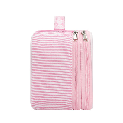 Relavel Cute Makeup Bag for Girls, Portable Pink Cosmetic Bag, Dual-layer Makeup Pouch with Brush Holder, Multi-Functional Preppy Toiletry Organizer for Travel, Daily Use - Pink Strip