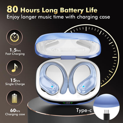 HAOYUYAN Wireless Earbuds, Bluetooth Headphones, Ear Buds with 80hr Playtime, LED Power Display, Noise Canceling, LED Power Display, IPX7 Waterproof Earphones for Gym/Workout/Sport（Blue）