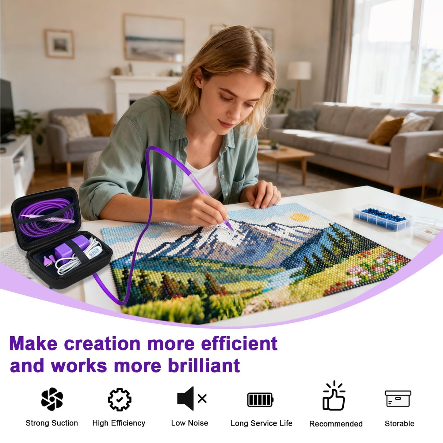 Electric Diamond Art Painting Pen with 3 Replacement Tips, Portable Storage Case & 2 Meters Tube, Ergonomic Diamond Art Pen with Adjustable Speed Setting, No Wax Needed for Faster Diamond Art