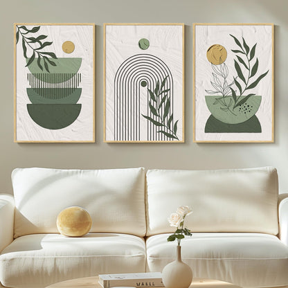 Framed Boho Sage Green Wall Art for Living Room, Large Mid Century Modern Tropical Leaf Canvas Artwork for Walls, 3 Piece Beige Orange Bohemian Wall Art Prints for Bedroom Kitchen Hallway, 16x24 Inch