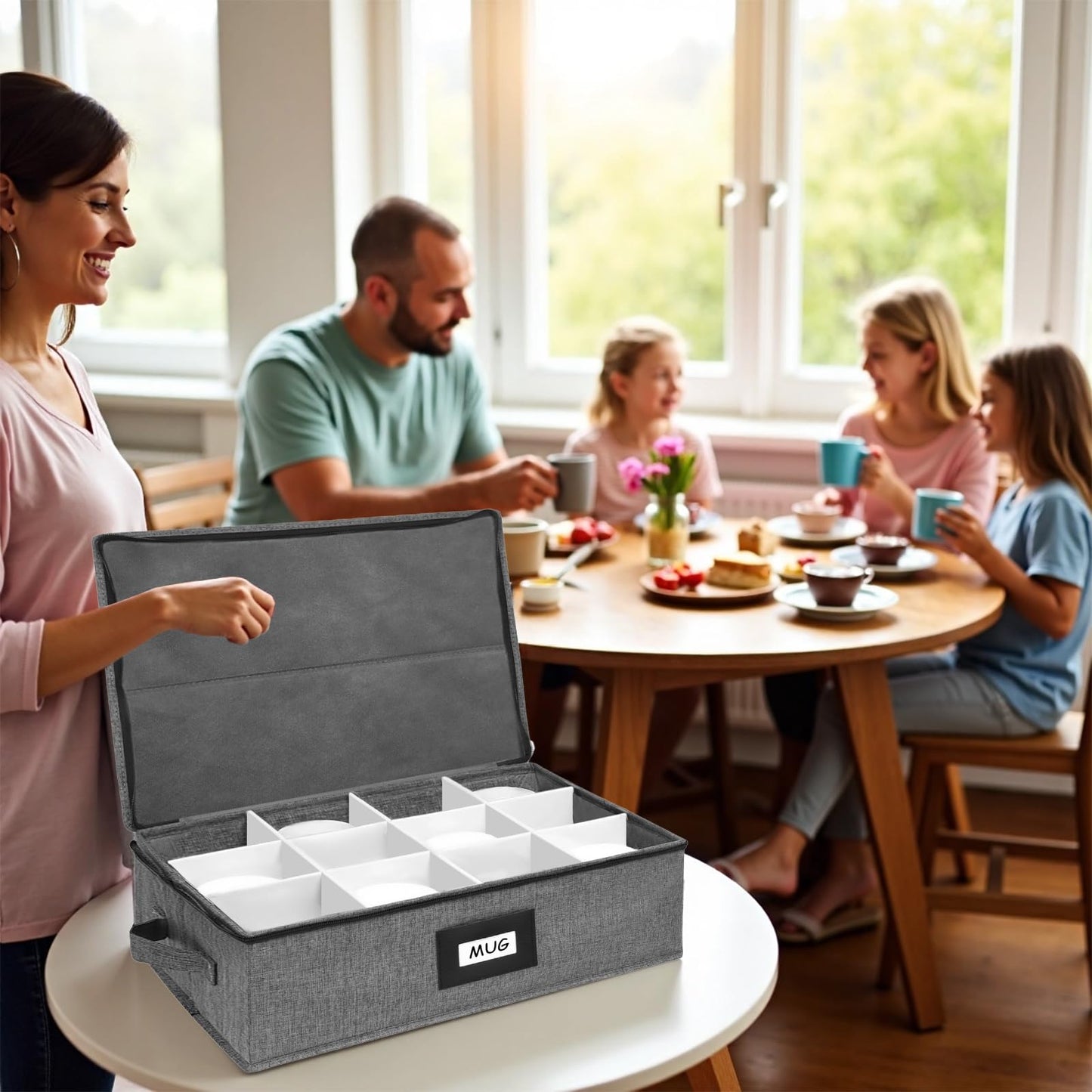 HURZMORO Mug Storage Box with 12 Compartments, Gray Hard Shell Container, Padded Dividers, Dual Handles, Zipper Lid for Coffee Cup Organization and Moving (1, Coffee Cup Storage Box)