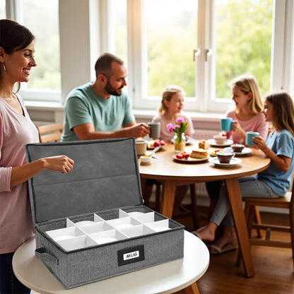 HURZMORO Mug Storage Box with 12 Compartments, Gray Hard Shell Container, Padded Dividers, Dual Handles, Zipper Lid for Coffee Cup Organization and Moving (1, Coffee Cup Storage Box)