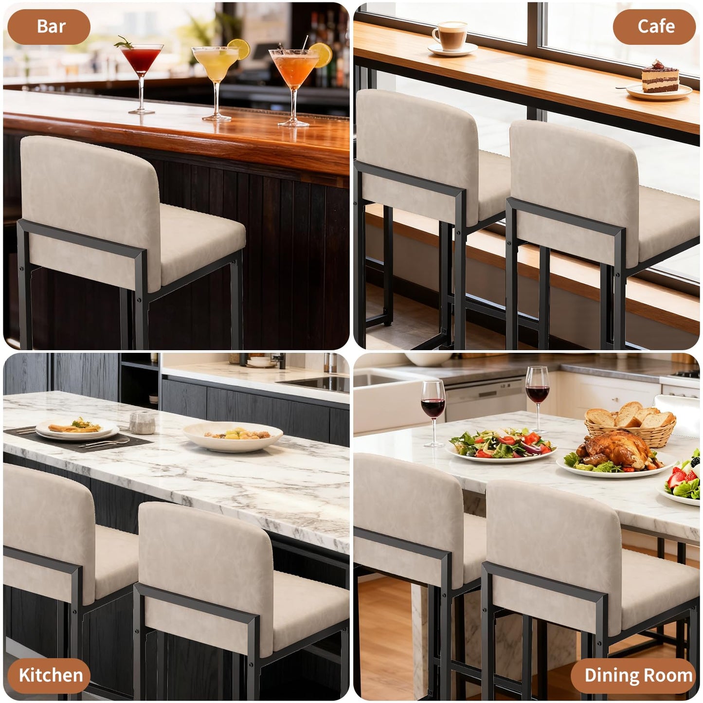 GarveeHome Bar Stools Set of 6, Modern Counter Height Bar Stools with Back and Footrest, Faux Leather Upholstered Barstools Chairs for Kitchen Island Dining Room Bar, Beige