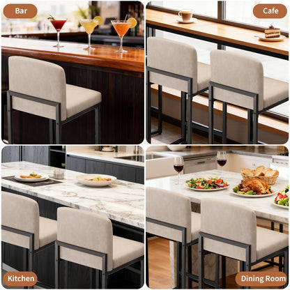 GarveeHome Bar Stools Set of 6, Modern Counter Height Bar Stools with Back and Footrest, Faux Leather Upholstered Barstools Chairs for Kitchen Island Dining Room Bar, Beige