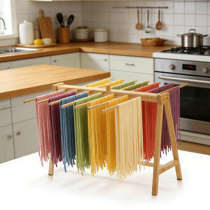 Pumtus Bamboo Pasta Drying Rack, 14-Bar Noodle Dryer Stand with Transfer Wand, Large Sturdy Spaghetti Lasagna Hanger, Stable Household Noodle Drying Rack for Pasta Linguine