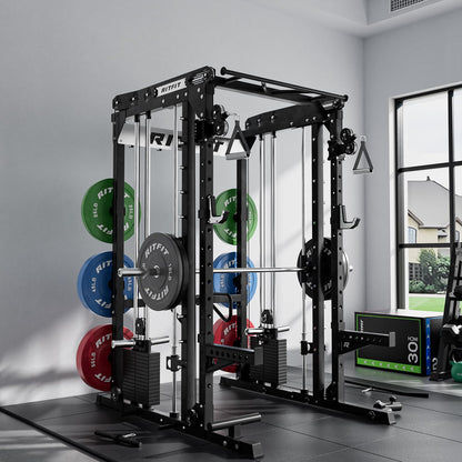 RitFit M2 Smith Machine with Cable Crossover System, 3D Functional Trainer & Power Cage, 16 Adjustment Holes, 6 Storage Pegs for Full-Body Home Gym(M2 Pro Black)