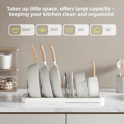 Silanit Expandable Pot and Pan Organizer Rack for Kitchen Cabinet or Under Sink, Adjustable Lid Holder with 7 Dividers, Space-Saving Storage for Renters, Small Homes, and Busy Cooks, White