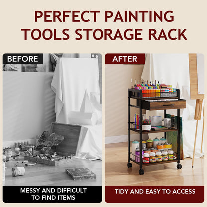 Homsorout 3 Tier Rolling Cart - Metal Utility Cart with Storage Drawer and Wheels, Versatile Art & Craft Organizer for Home, Office, or Studio Ideal for Storing Brushes, Paints, and Supplies Brown