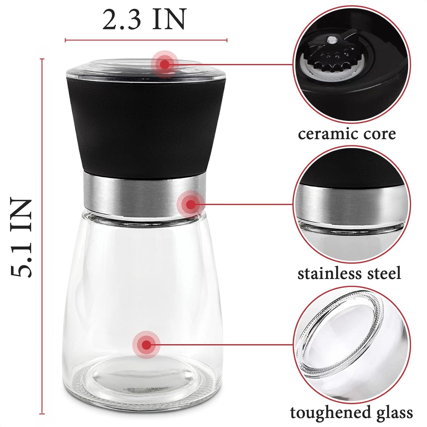 Manual Refillable Pepper Grinder - 6 Oz Glass Grinders for Pepper, Salt & Spices, Adjustable Rotor with 5 Settings