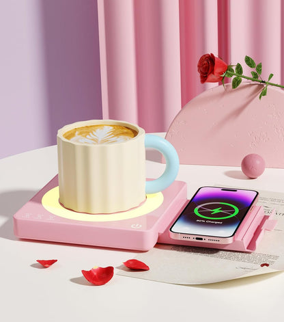15W 3-Temp Mug Warmer for Desk with Wireless Charger - Aesthetic Desktop Accessory Tech Gifts for Women, Coffee Cup