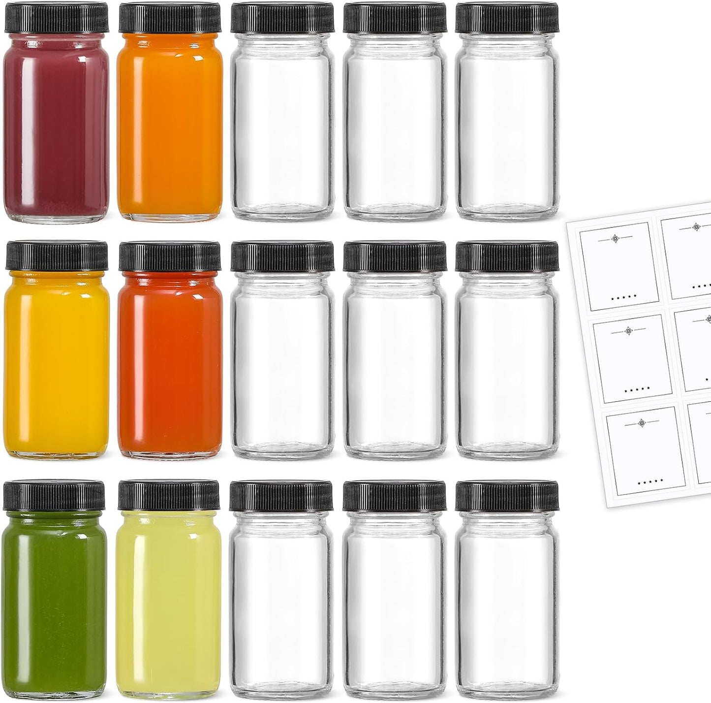 15 Pack 2 oz 15 LANDNEOO Glass Shot Mini Bottles w/Black Lids & Labels - Small Clear Jar for Ginger, Wellness Shot