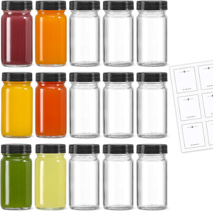 15 Pack 2 oz 15 LANDNEOO Glass Shot Mini Bottles w/Black Lids & Labels - Small Clear Jar for Ginger, Wellness Shot