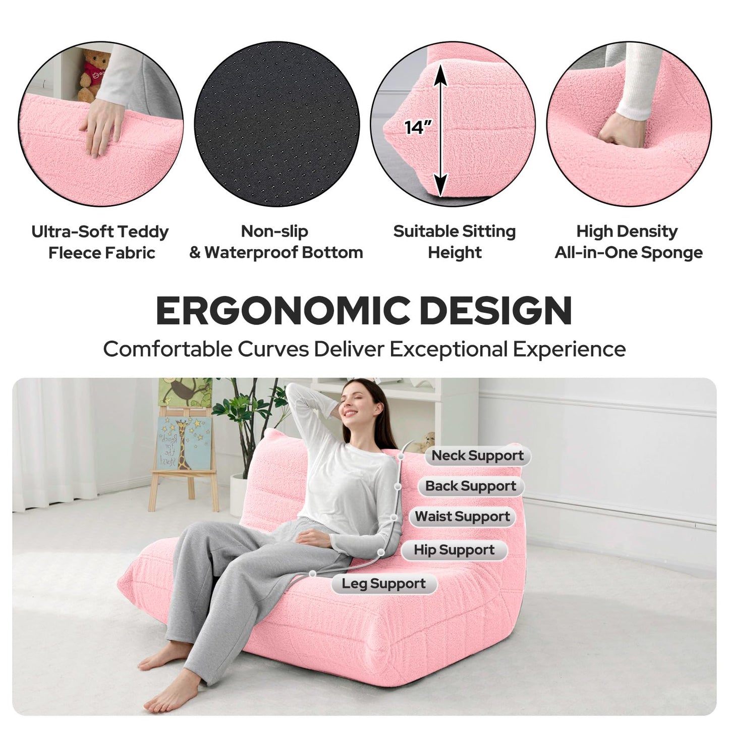 HABUTWAY Bean Bag Chairs Fireside Lazy Floor Sofa, Soft Teddy Fleece 2 Seater Sofa with High-Resilience Foam Filling，Beanbag for Living Room, Bedroom, Office (Pink Teddy)
