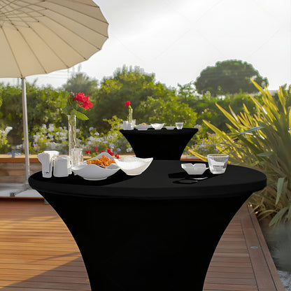 Sowhatsowoo 2 Sets 32" High Top Round Folding Cocktail Tables White Bar Height with Removable Legs & 32"x43" Spandex Stretch Black Table Covers Hightop Table for Outdoor Indoor Wedding Parties