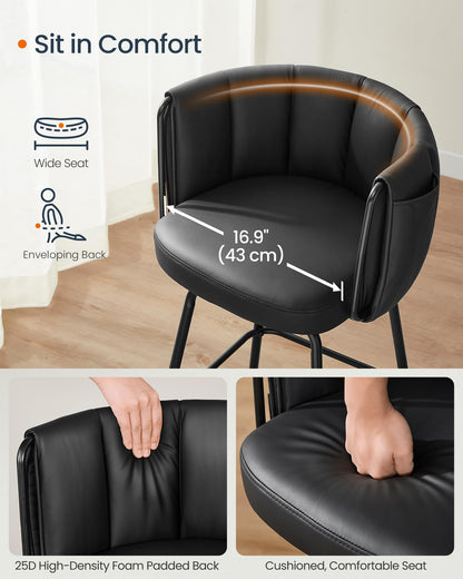 SONGMICS HOME 360° Swivel Bar Stools Set of 4, Barstools with Curved Back, Upholstered Counter Bar Stools with Footrest, Metal Tapered Legs, for Kitchen Island, Dining Room, Ink Black ULBC123BH01S-2J