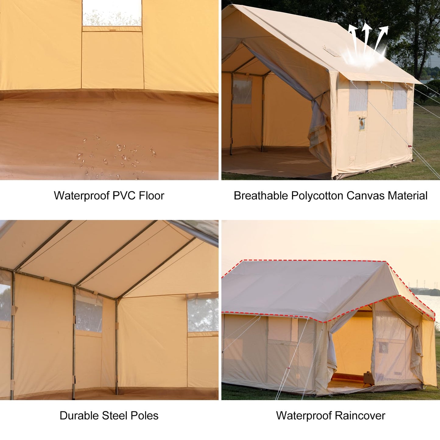 WaldZimmer Cotton Canvas Wall Tent with Rain Canopy Waterproof Outdoor Tent for Hunting Family 4 Season Camping Tents Heavy Duty Steel Frame&PVC Floor, Beige