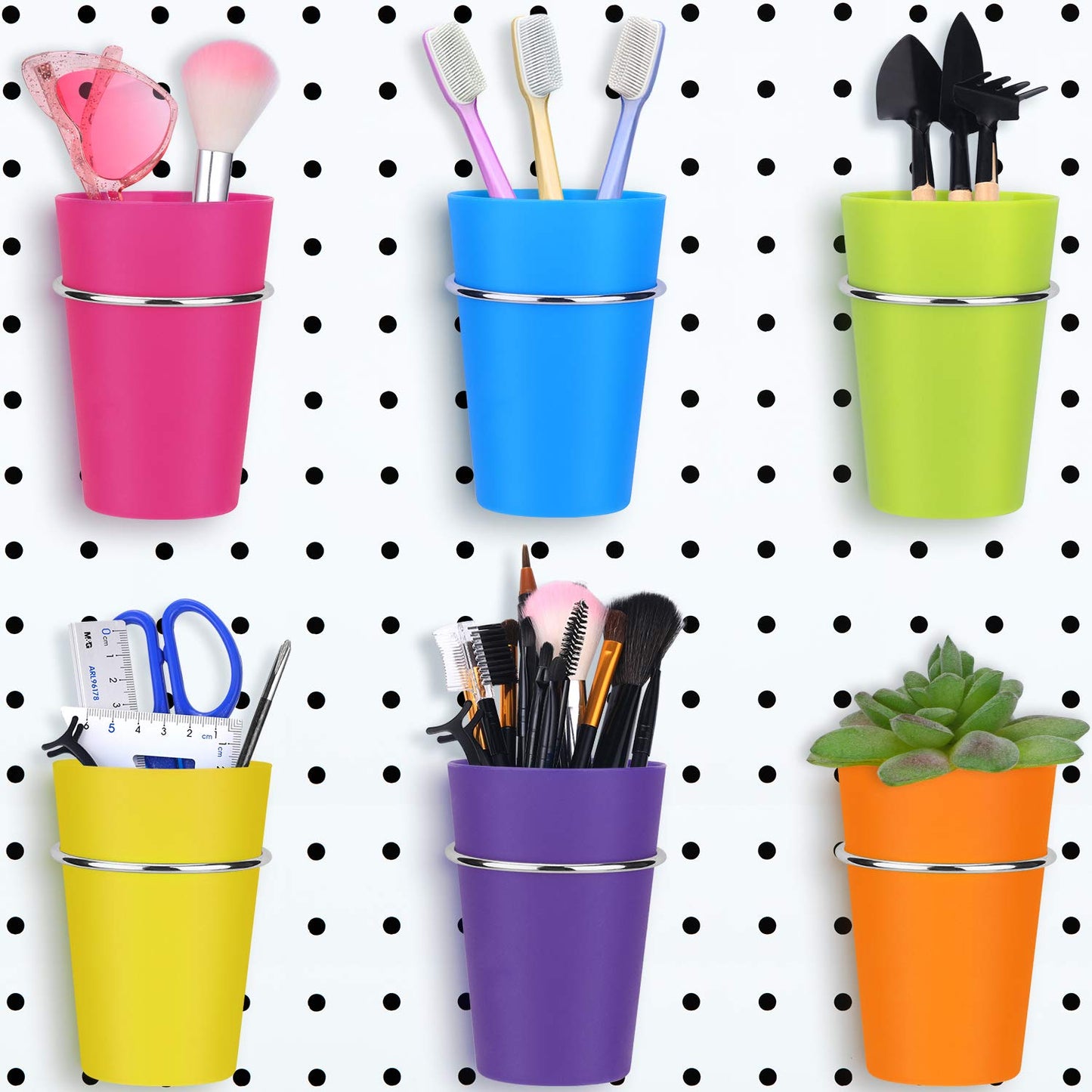 Patelai 6 Set Pegboard Bins with Rings, Pegboard Accessories Cups Holder Organizer Baskets Hooks Kit for Art and Craft Supplies Storage (Blue, Yellow, Green, Rose Red, Orange, Purple)
