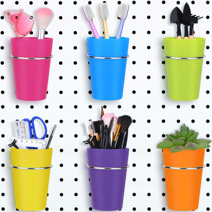Patelai 6 Set Pegboard Bins with Rings, Pegboard Accessories Cups Holder Organizer Baskets Hooks Kit for Art and Craft Supplies Storage (Blue, Yellow, Green, Rose Red, Orange, Purple)
