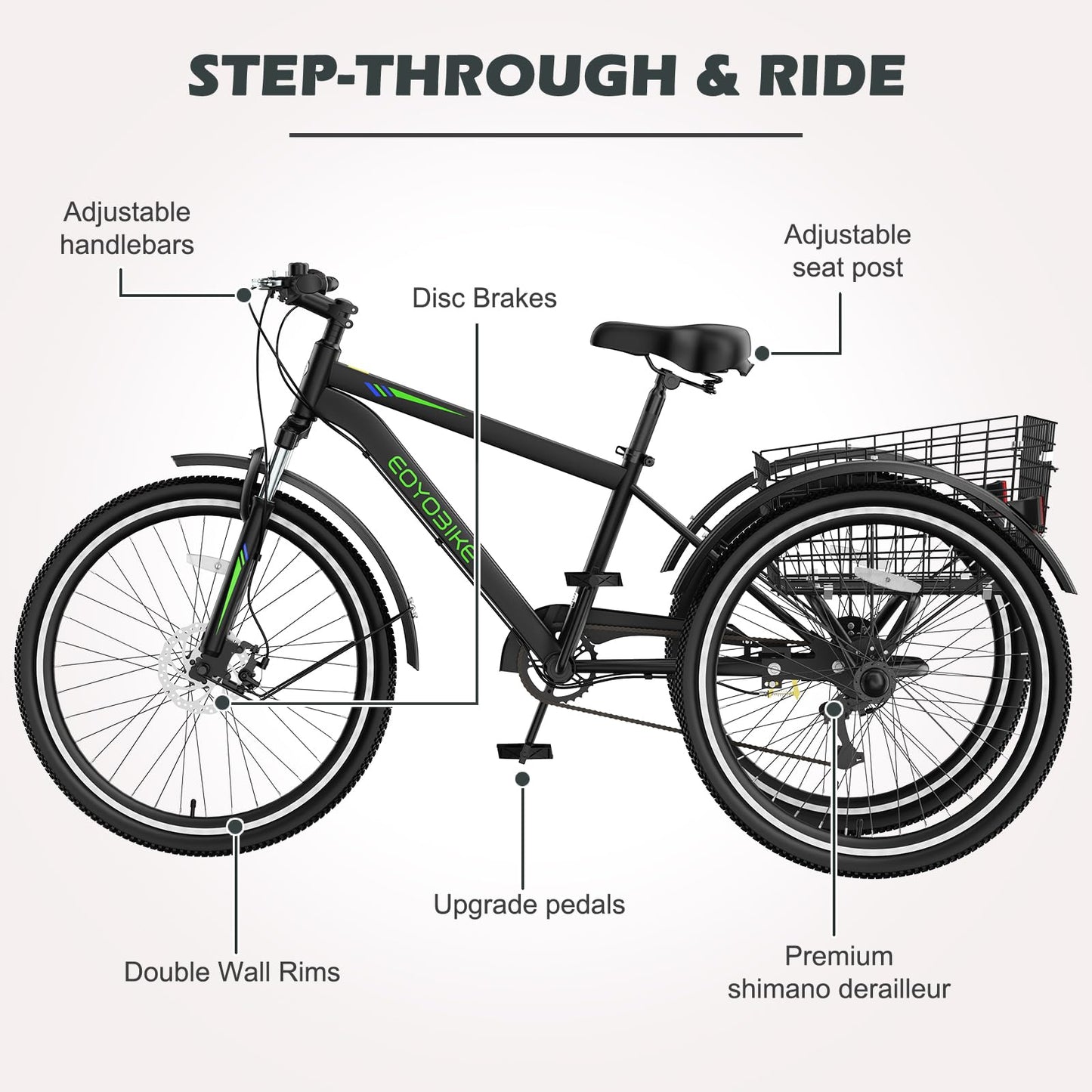 H&ZT Adult Tricycle, 3 Wheeled Bike, Trike Cruiser Bike, with 7-Speed Gear, Parking Brake Handle, Low Step, Large Rear Basket, Elderly Friendly, for Men, Women, and Teens