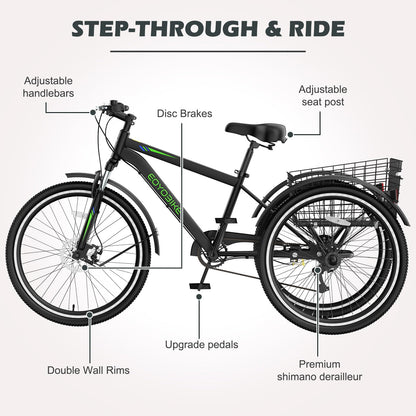ABORON Adult Mountain Tricycle, 7-Speed 3-Wheel Mountain Bikes 24/26/27.5inch Available, Front Suspension, Disc Brake