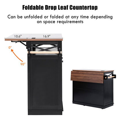 Bellemave 46.5" Farmhouse Kitchen Island cart with Charging Station and with Drape of Beads, Rolling Kitchen Island Table with Drop-Leaf, 3 Drawers, Black