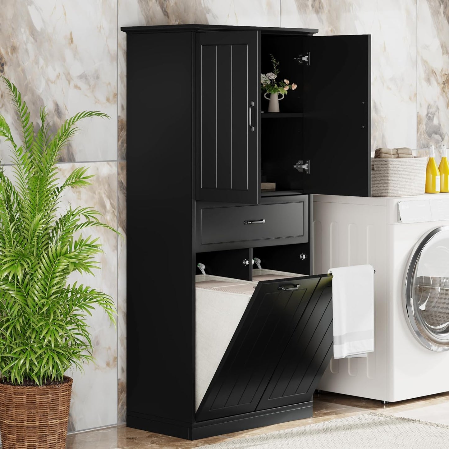 Virubi Tall Tilt Out Laundry Cabinet with 2 Tilt Out Laundry Hamper, Wood Bathroom Storage Cabinet with Doors,Drawers and Adjustable Shelves Freestanding (Black)