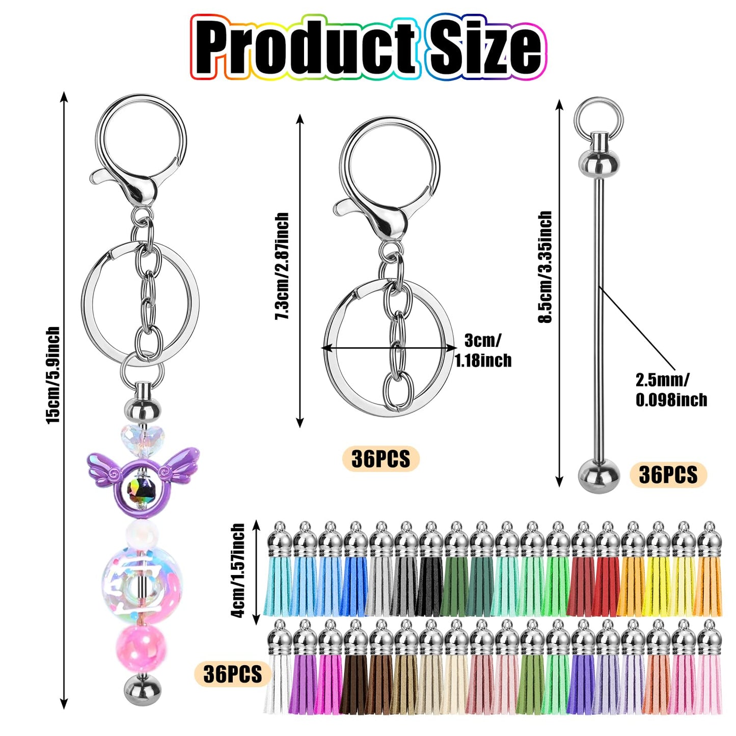 72 Pcs Beadable Keychains Bars, Included 36Pcs Beadable Keychains Bars Bulk Blank for Keychain Making and 36Pcs Colorful Leather Tassel, Keychain Making kit for DIY Crafts Women Men Gift (Rotundity)