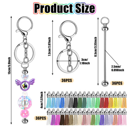 72 Pcs Beadable Keychains Bars, Included 36Pcs Beadable Keychains Bars Bulk Blank for Keychain Making and 36Pcs Colorful Leather Tassel, Keychain Making kit for DIY Crafts Women Men Gift (Rotundity)