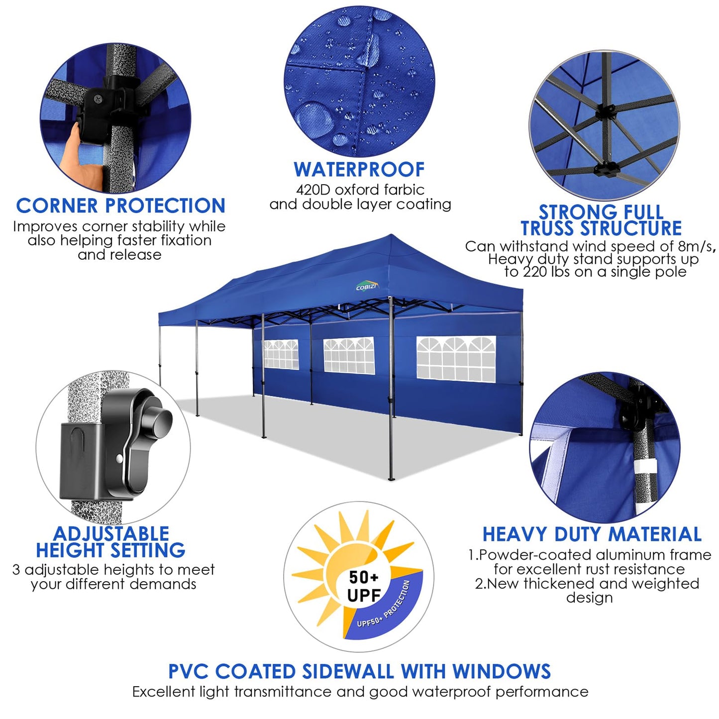 COBIZI 10x30 Heavy Duty Pop up Canopy with 8 sidewalls Stable Wedding Outdoor Tents for Parties Canopy Pop Up Party Tent UPF 50+ Waterproof Commercial Gazebo with Roller Bag, Navy Blue Upgraded