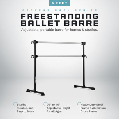 VITA Barre Portable Freestanding Double Ballet Barre, Professional, 4 Ft Bars, Black, Aluminum | Adjustable Height, Made in USA, Home or Gym Exercise Equipment for All Ages | Dance, Fitness, Pilates