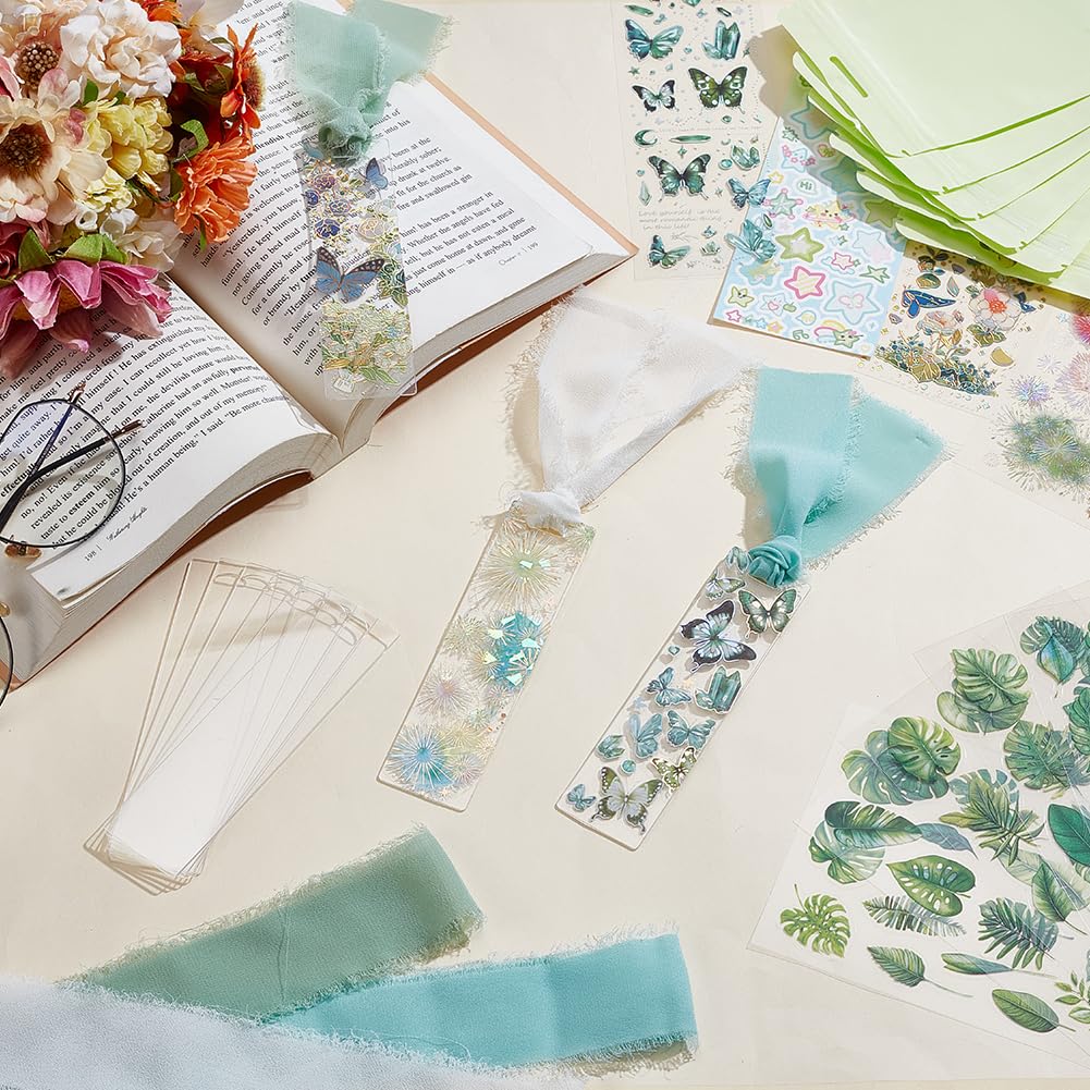 BEAMARKER Bookmark Making Kit 12Pcs Clear Acrylic Bookmark Blanks with 19 Sheets Flower Butterfly Star Theme Stickers 4m Green White Ribbon and 12 Gift Bags for DIY Crafts Green Theme