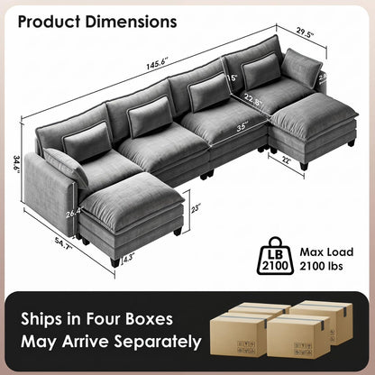 Marsail Modular Sectional Sofa 145.6" U-Shaped Modern Comfy Cloud Couch, 6-Seat Chenille Deep Seat Sofa with Throw Pillow & Movable Ottoman for Living Room, Bedroom and Apartment, Grey
